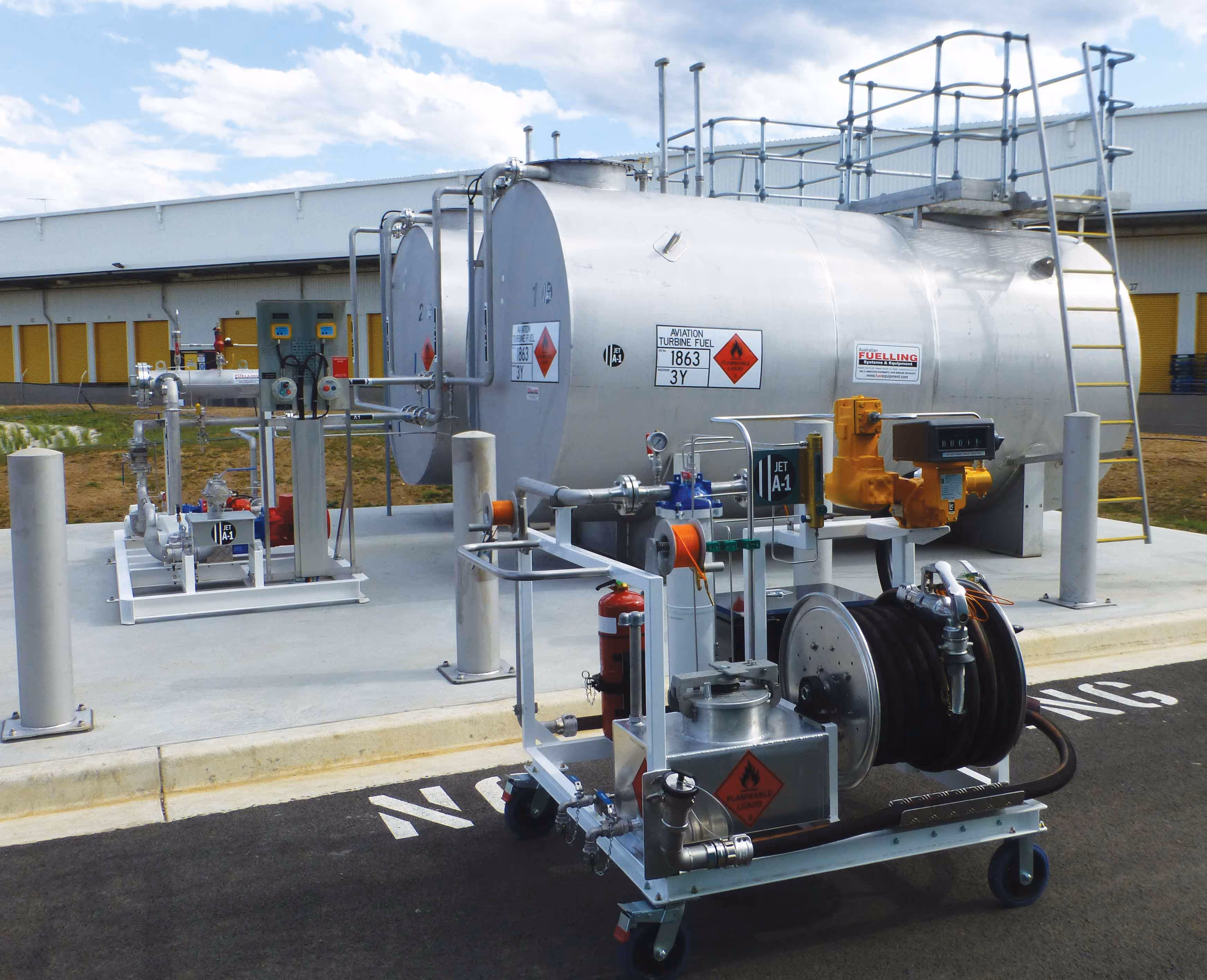 Side view of TOLL Bankstown installation showing tanks, electrical controls and the hydrant cart which delivers fuel into the rescue helicopters.