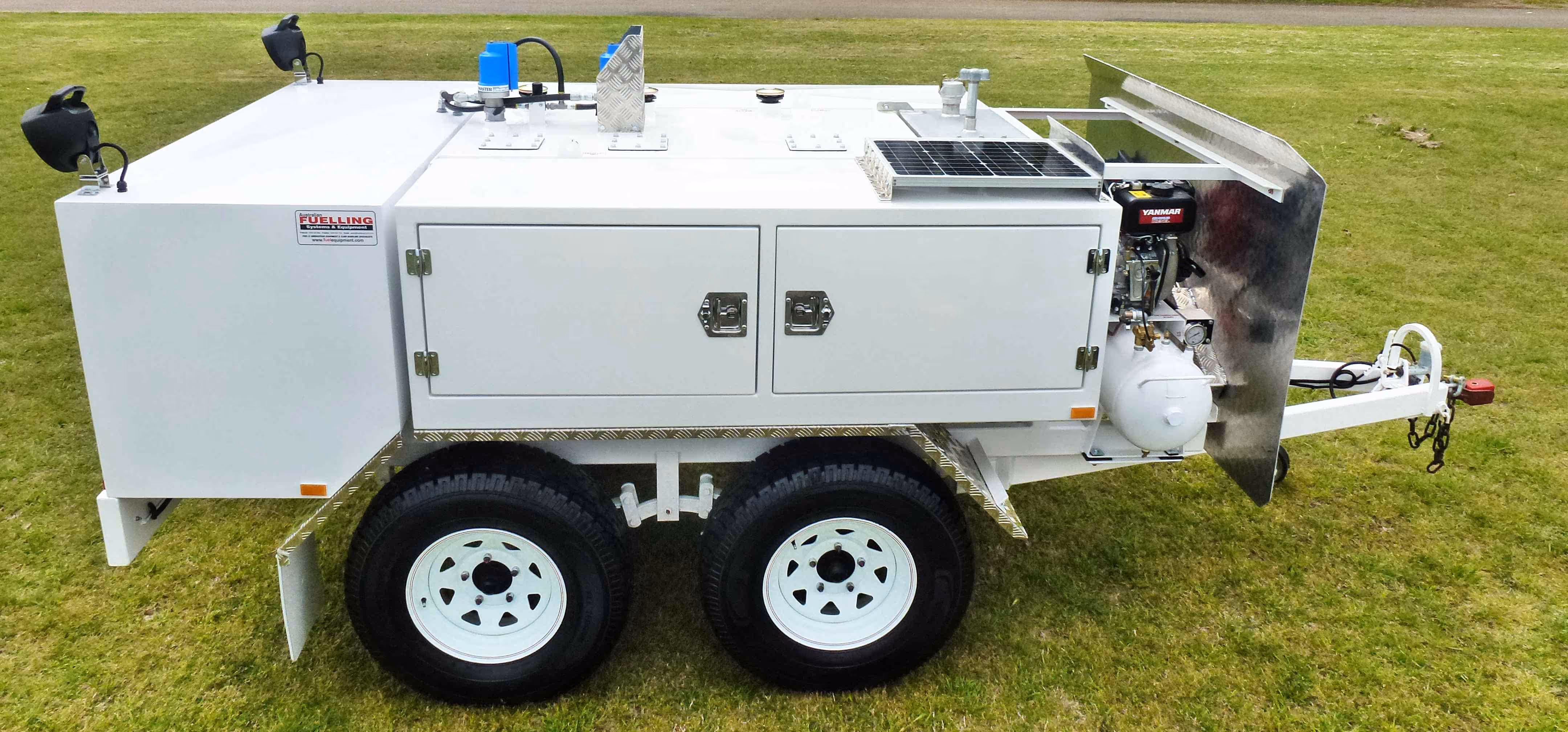 Side view of a standard service trailer showing PV panel and work lights