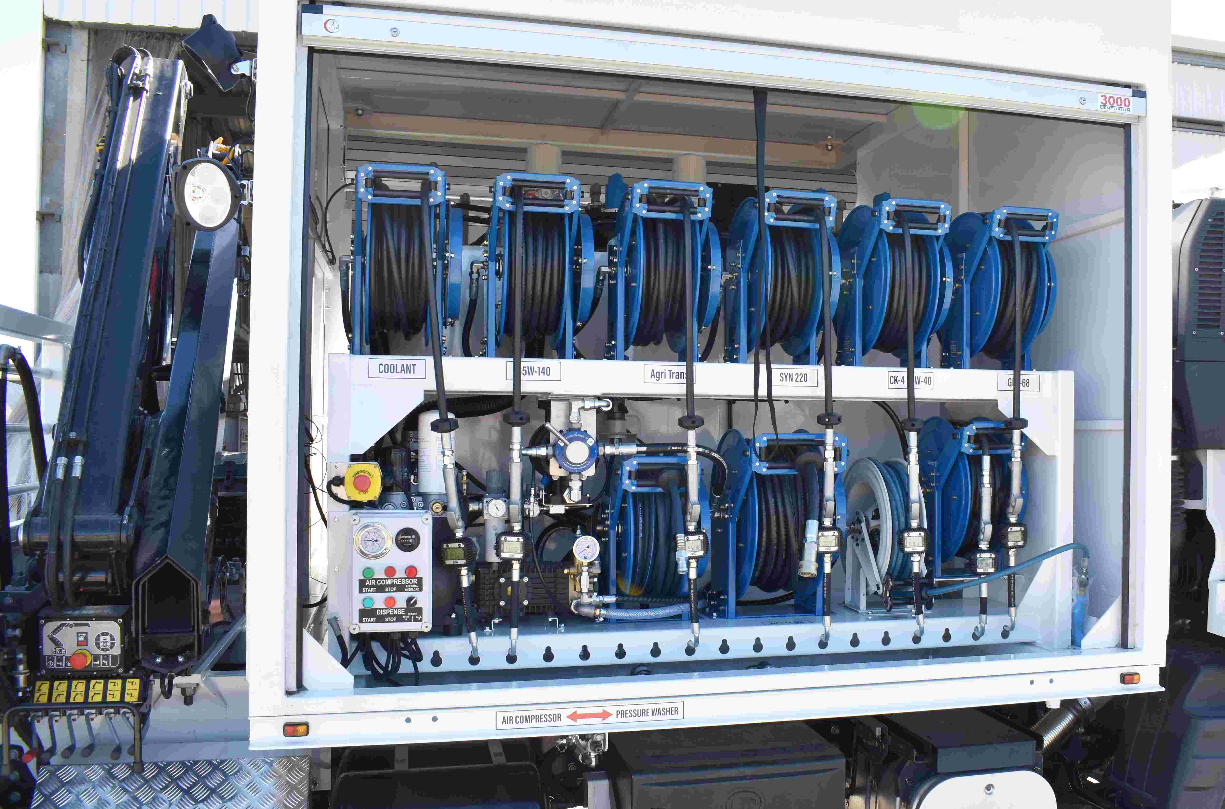 Close up of delivery hose reels and valves