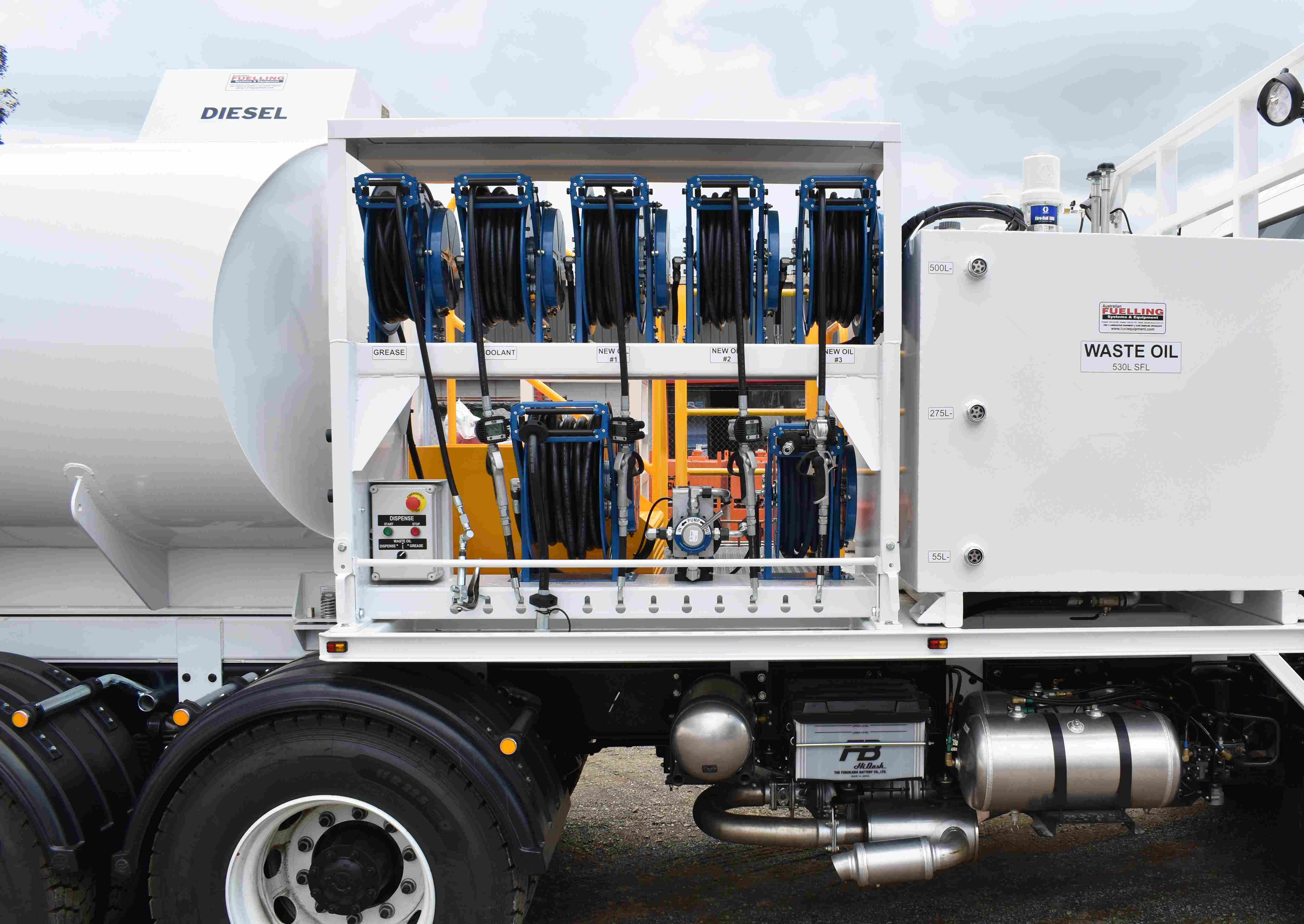 Delivery reels and controls for oils, used oils, grease and coolant