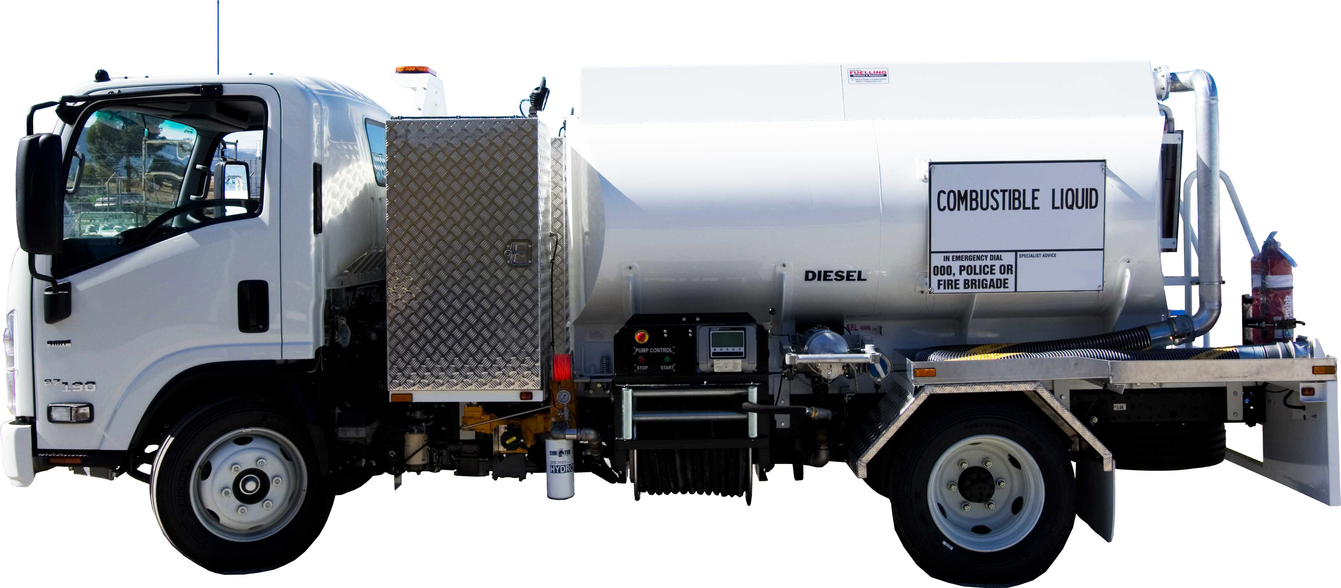 Side view of the tanker showing all dispensing equipment.