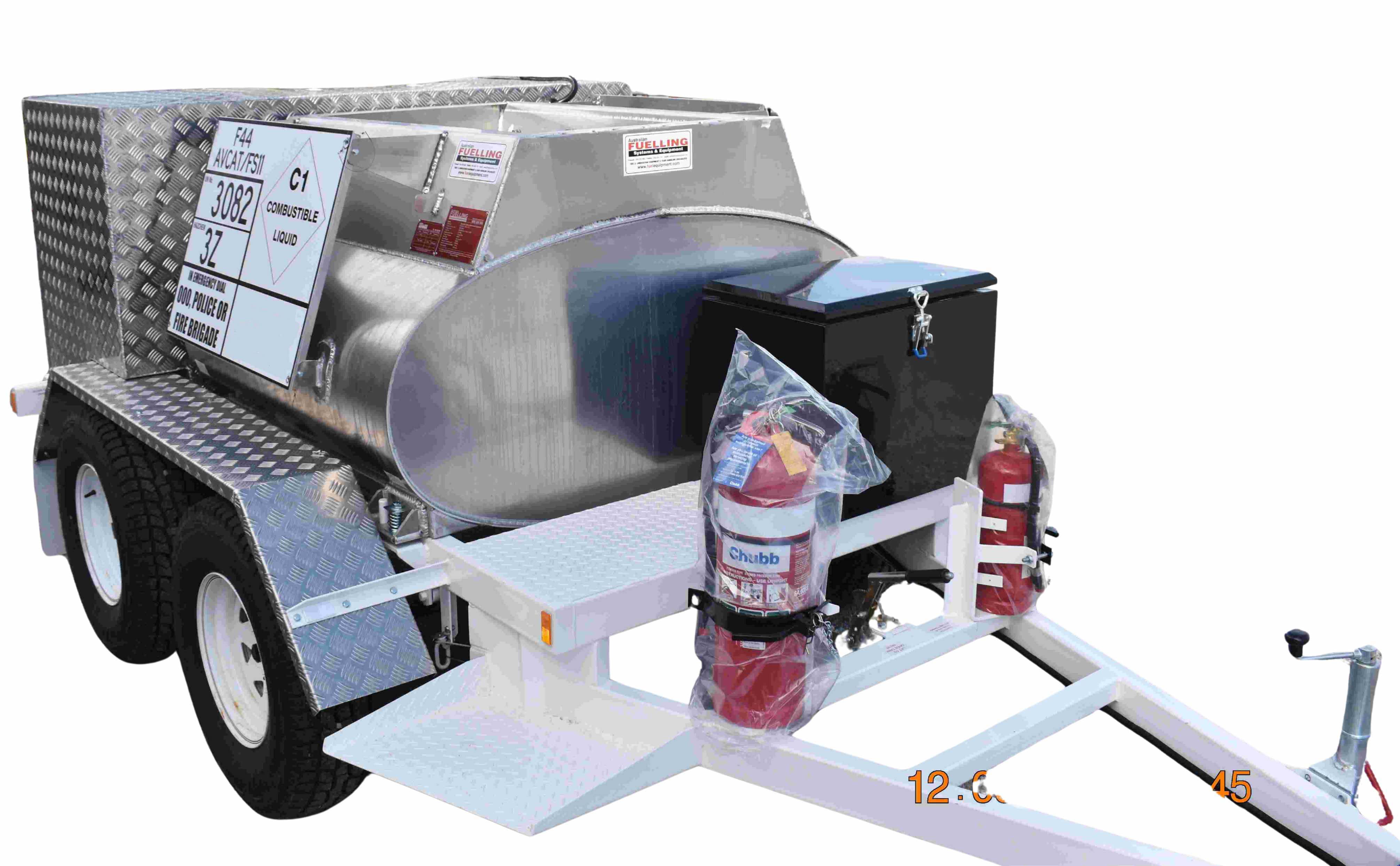 Front of trailer showing access step, fire extinguishers and toolbox.