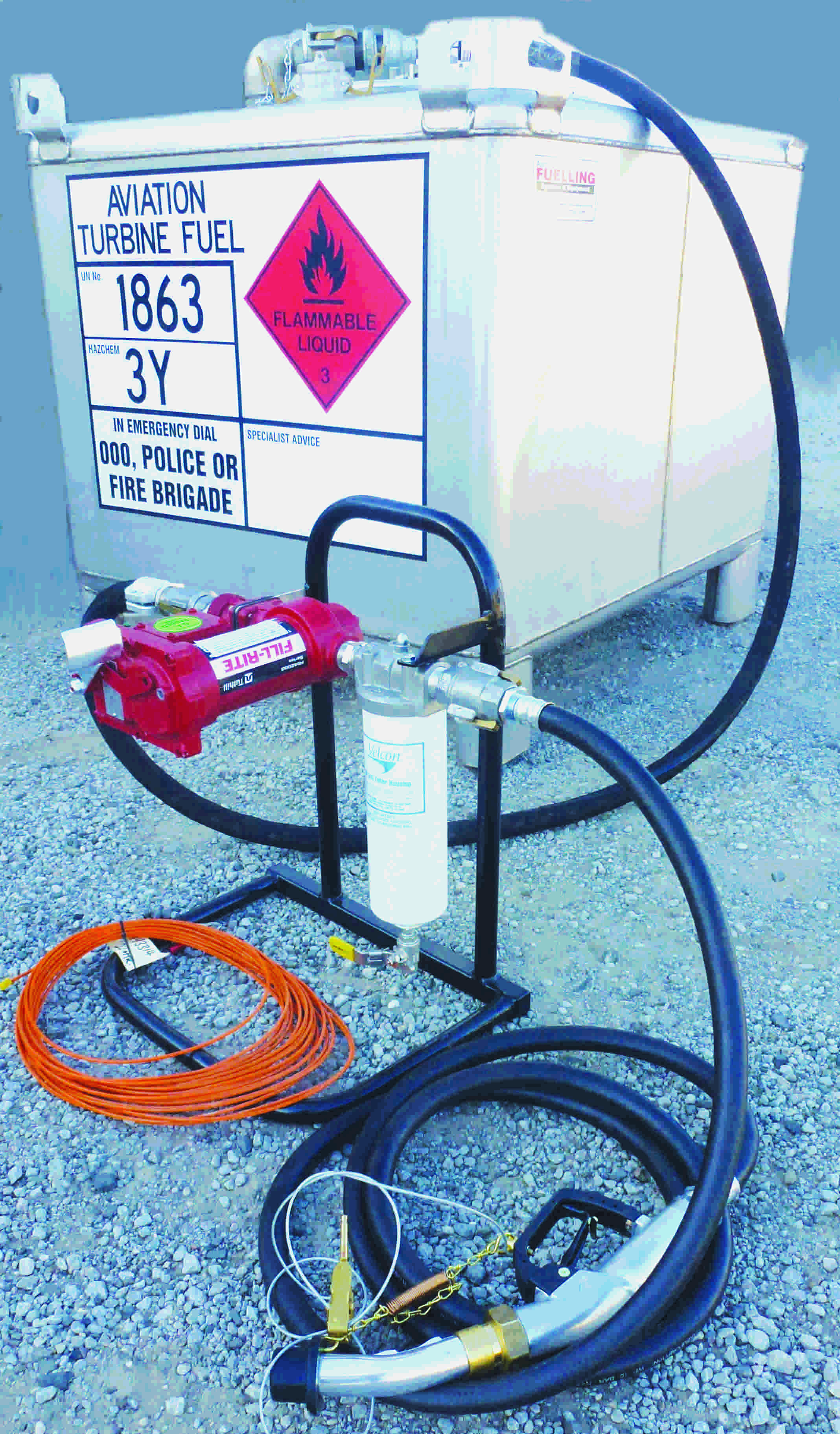 A complete DC pump system connected to a stainless IBC,