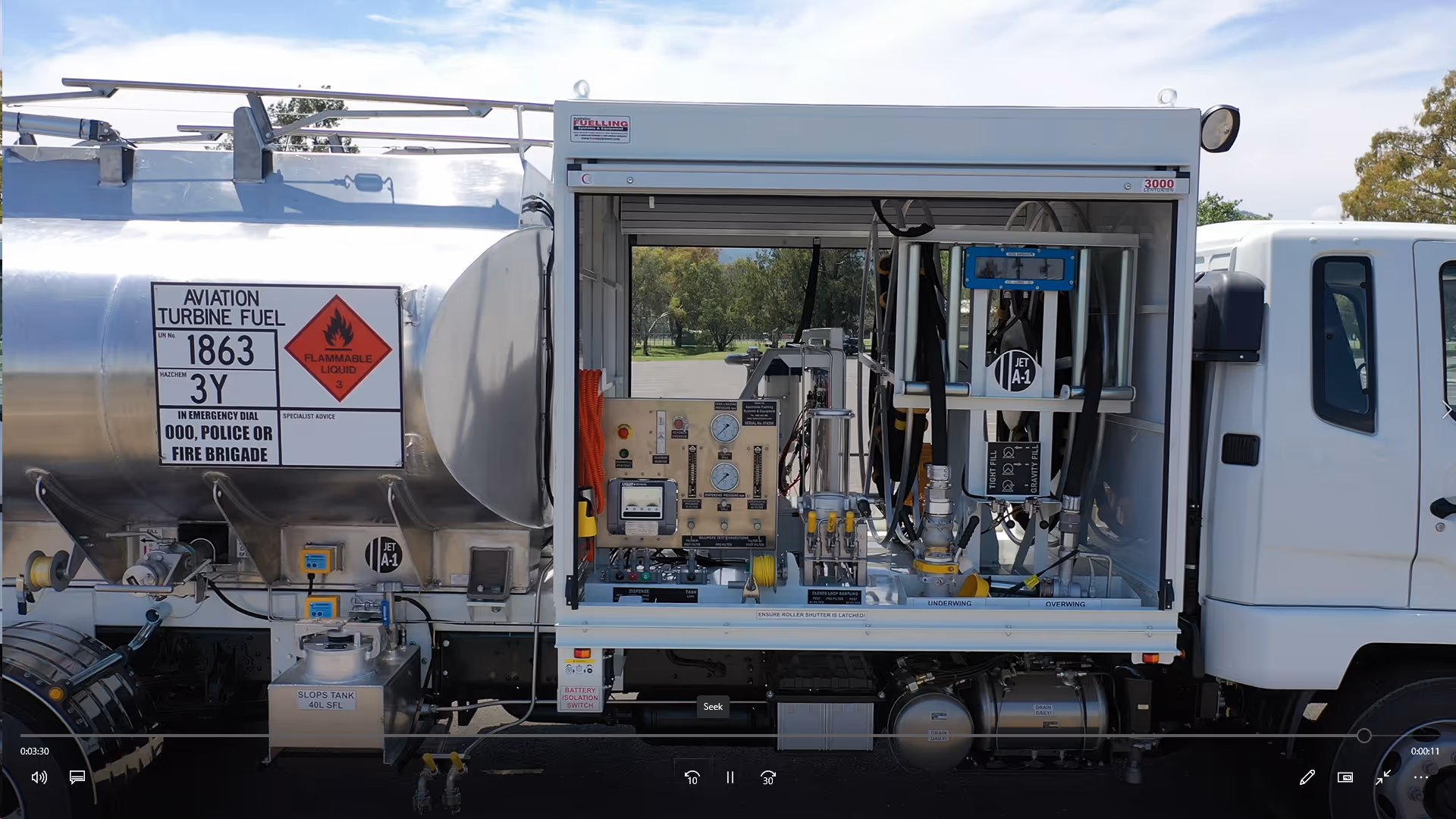The fuelling equipment - showing under & over nozzles, large digital display in top RH corner, deadman switch cable, instrument panel with pressure gauges, pressure differential gauges for both filter elements.