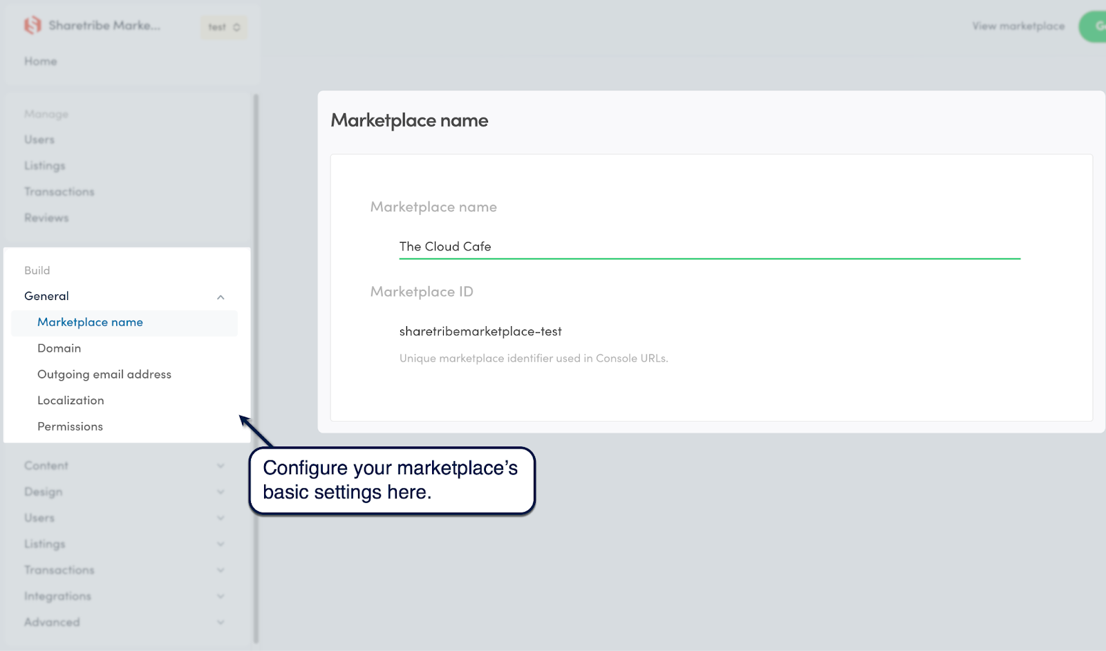 Sharetribe Console basic settings page for marketplace name and identifier