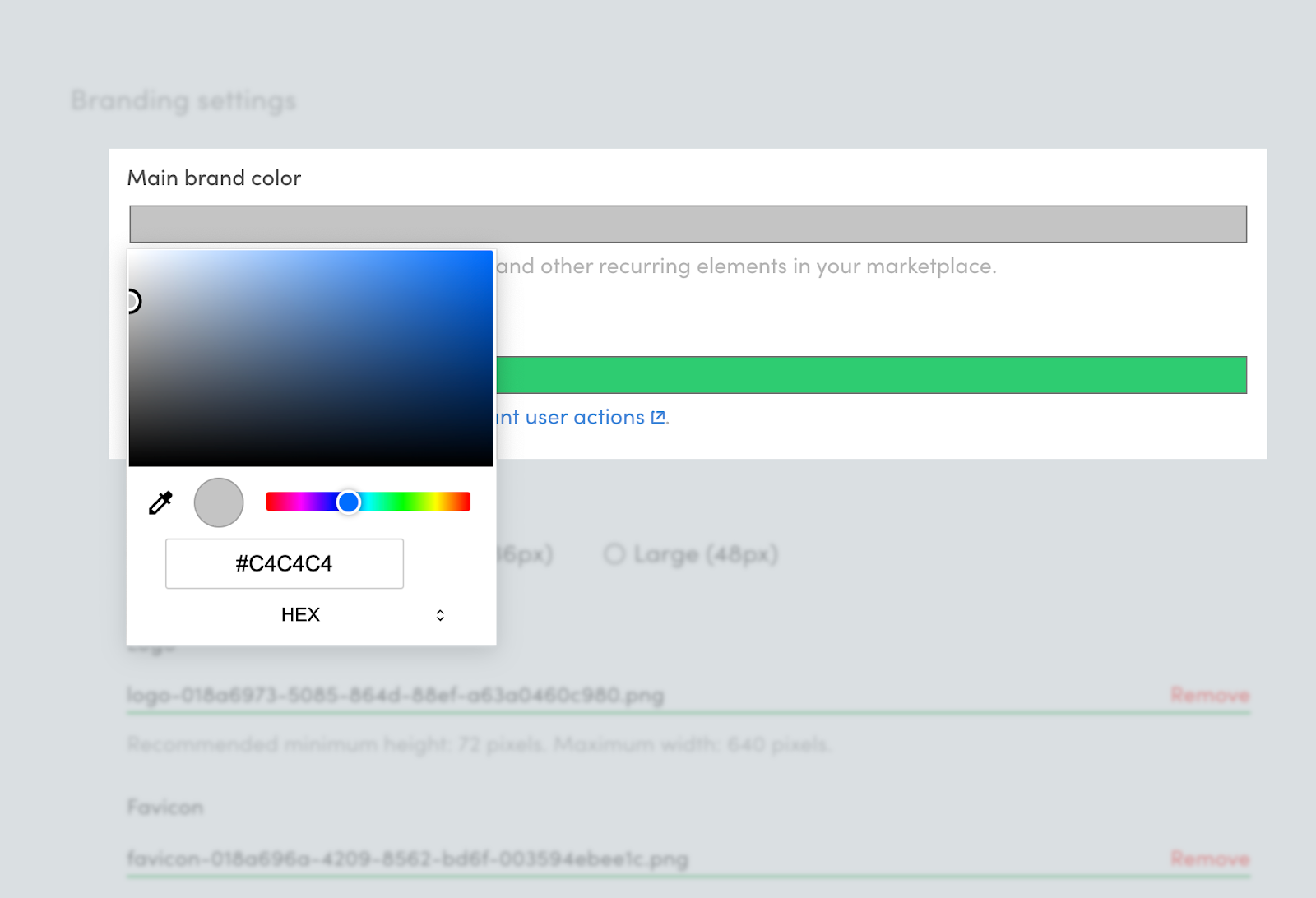 Sharetribe branding color picker with HEX value input