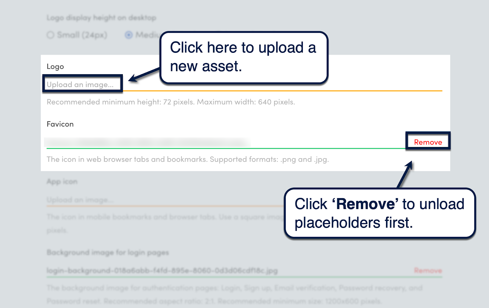 Sharetribe branding settings showing how to remove and upload logo assets