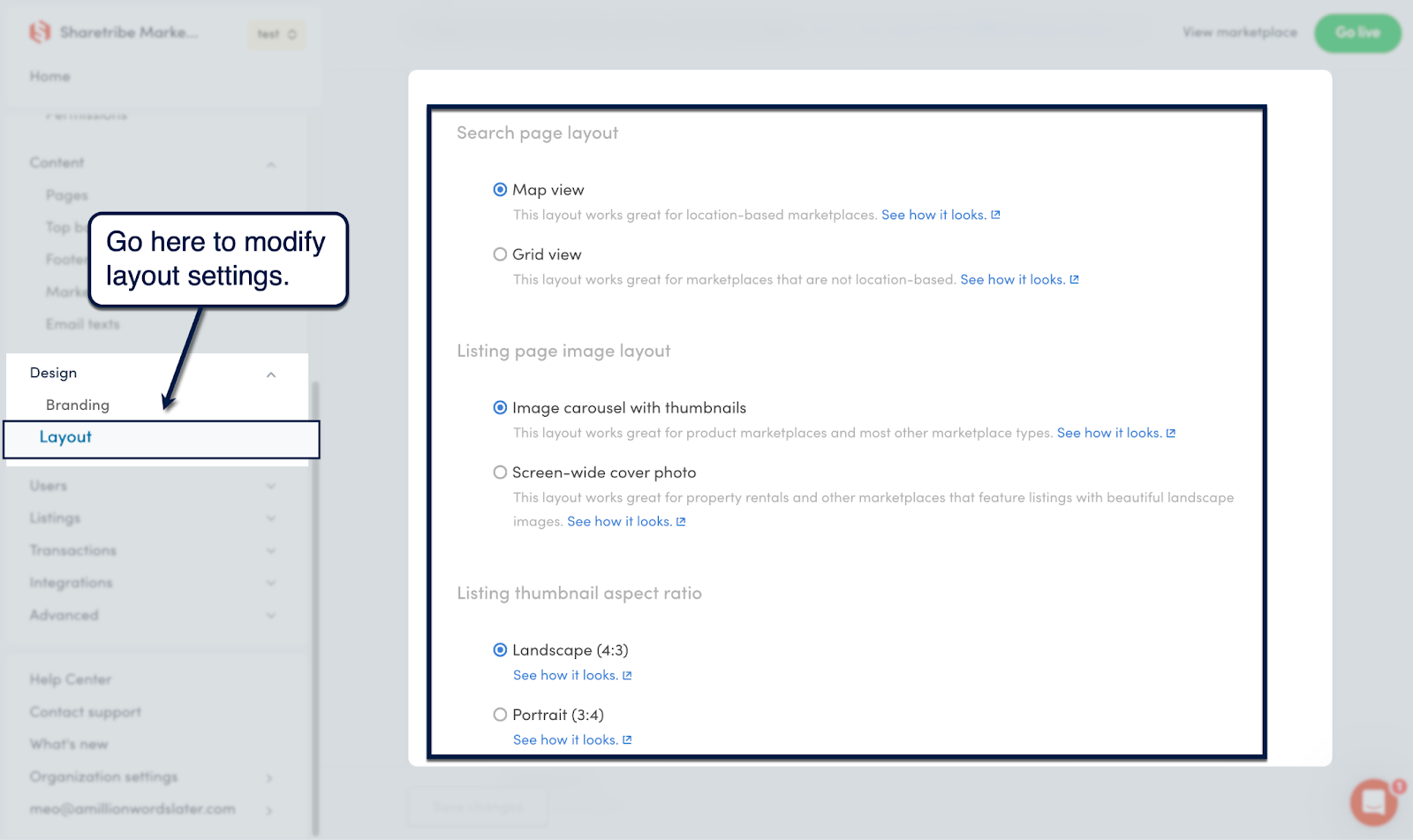 Sharetribe Console layout settings for search pages, listing images, and thumbnails