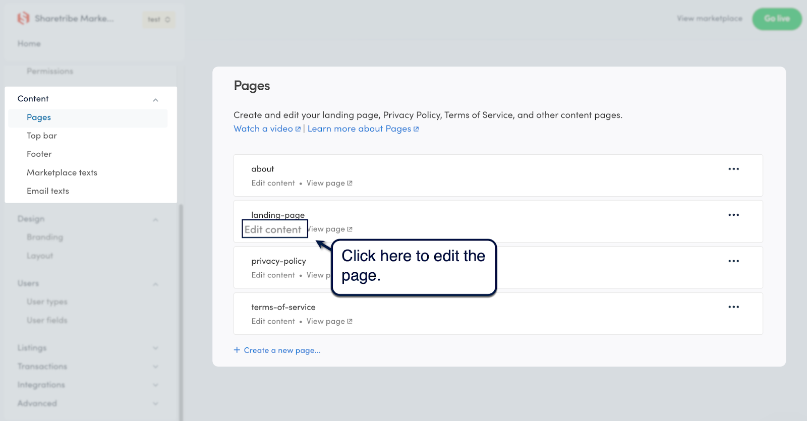 Sharetribe Console Pages list with controls to edit marketplace content