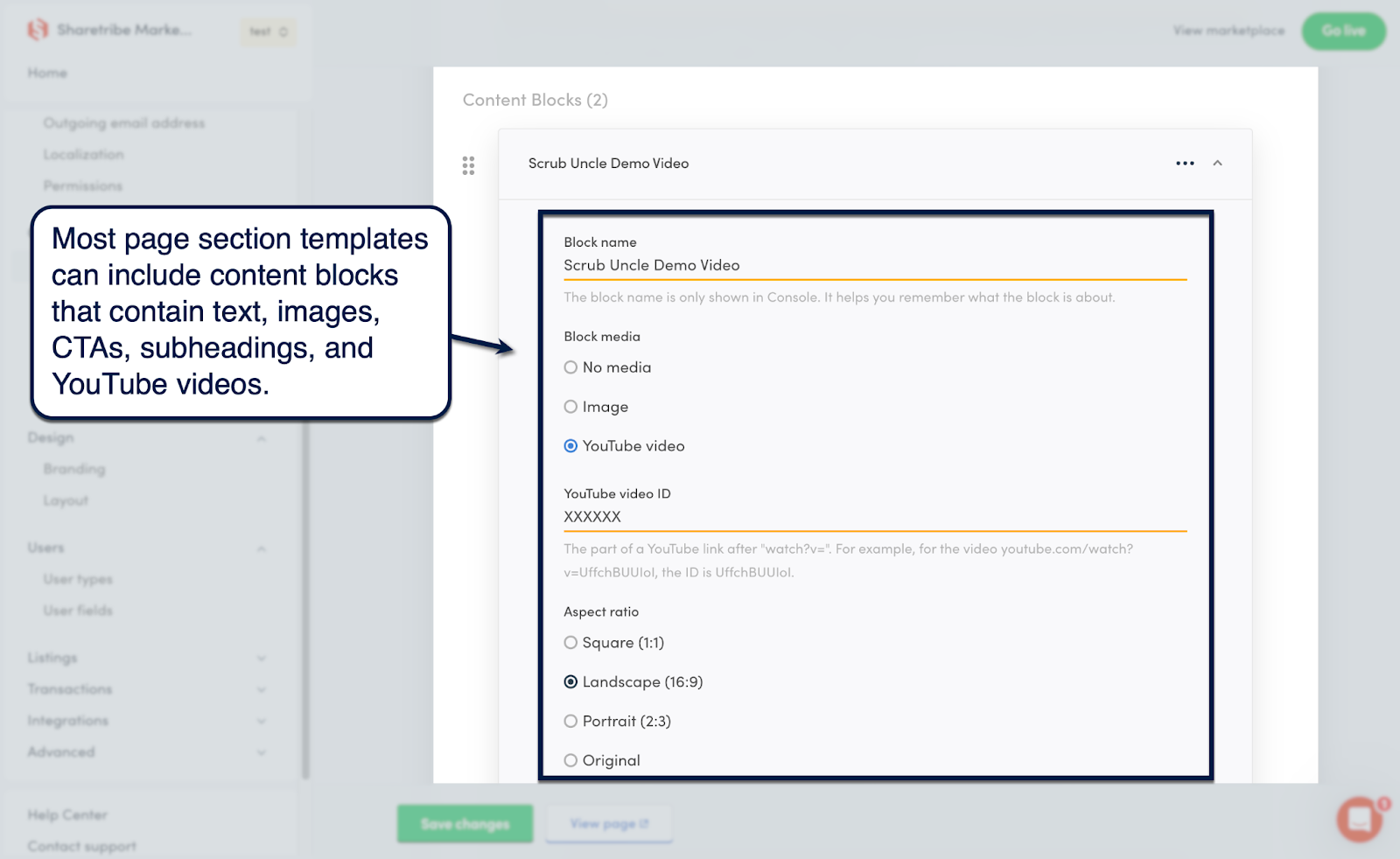Sharetribe content block editor for text, images, calls to action, and YouTube videos