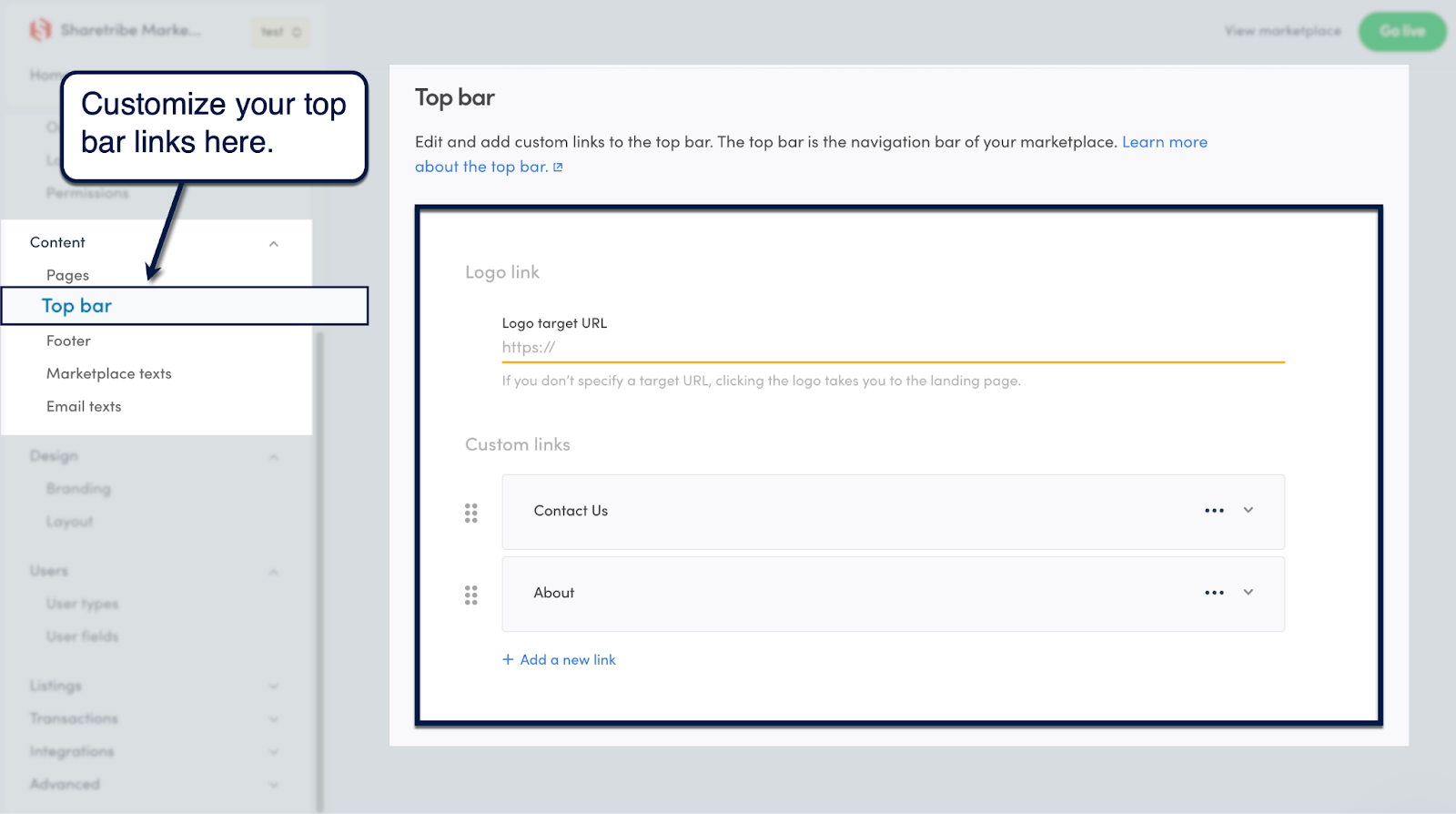Sharetribe Console top bar editor for logo and custom navigation links