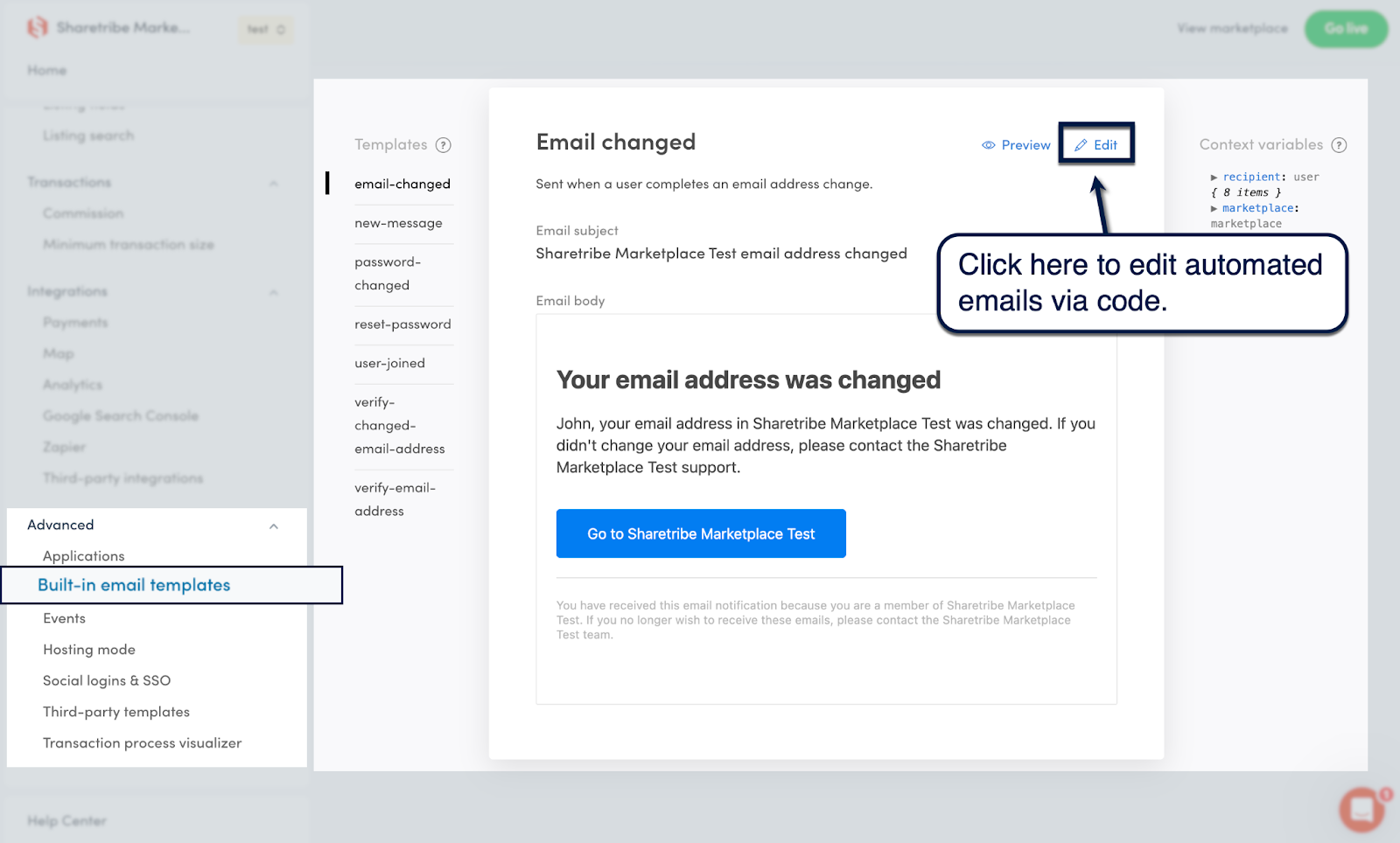 Sharetribe built-in email template editor and preview