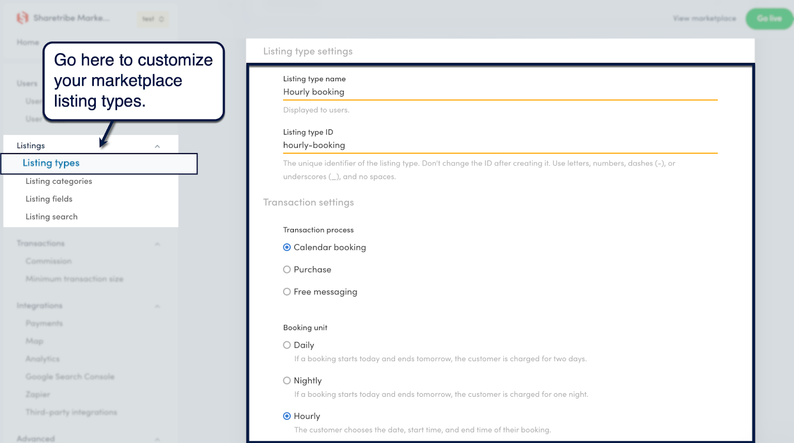 Sharetribe Console listing type settings for an hourly booking marketplace