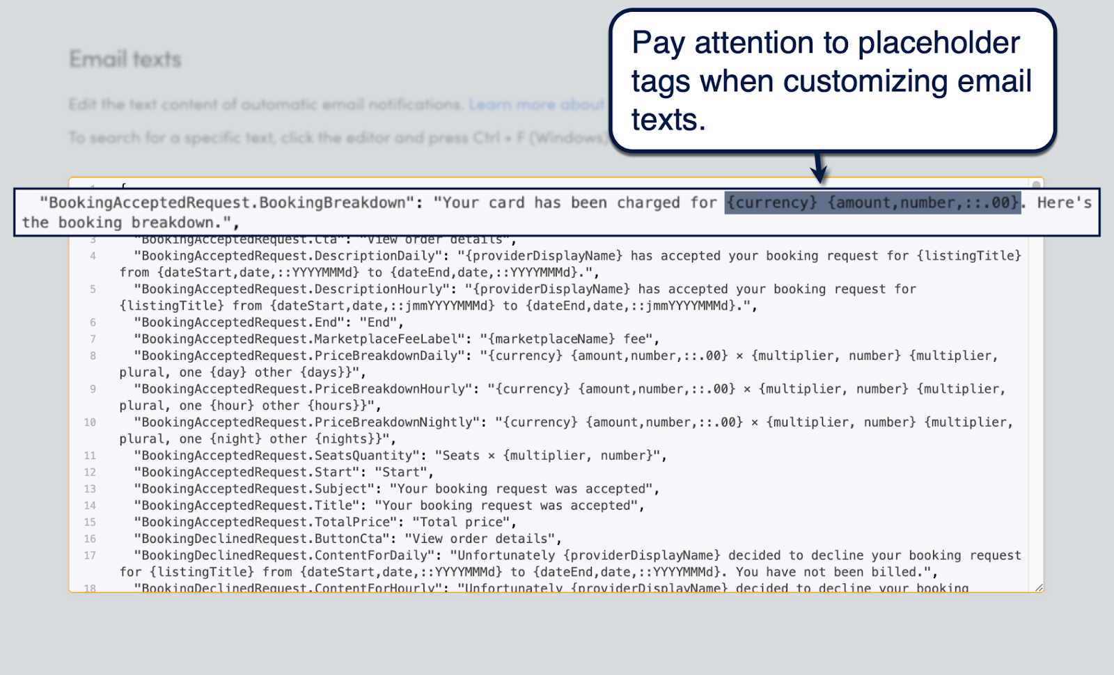 Sharetribe Console email text editor with placeholder tags highlighted