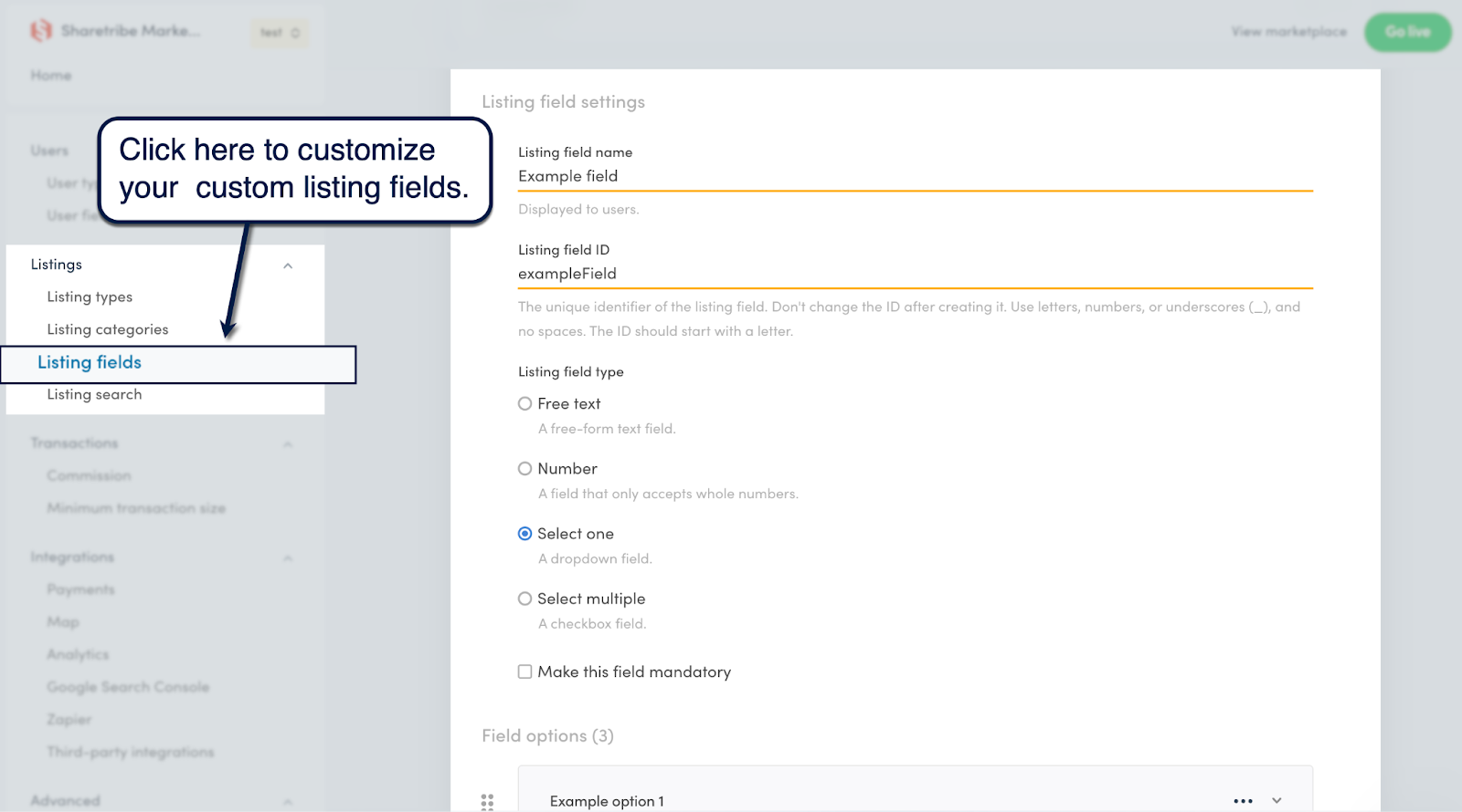Sharetribe Console custom listing field settings and field type options