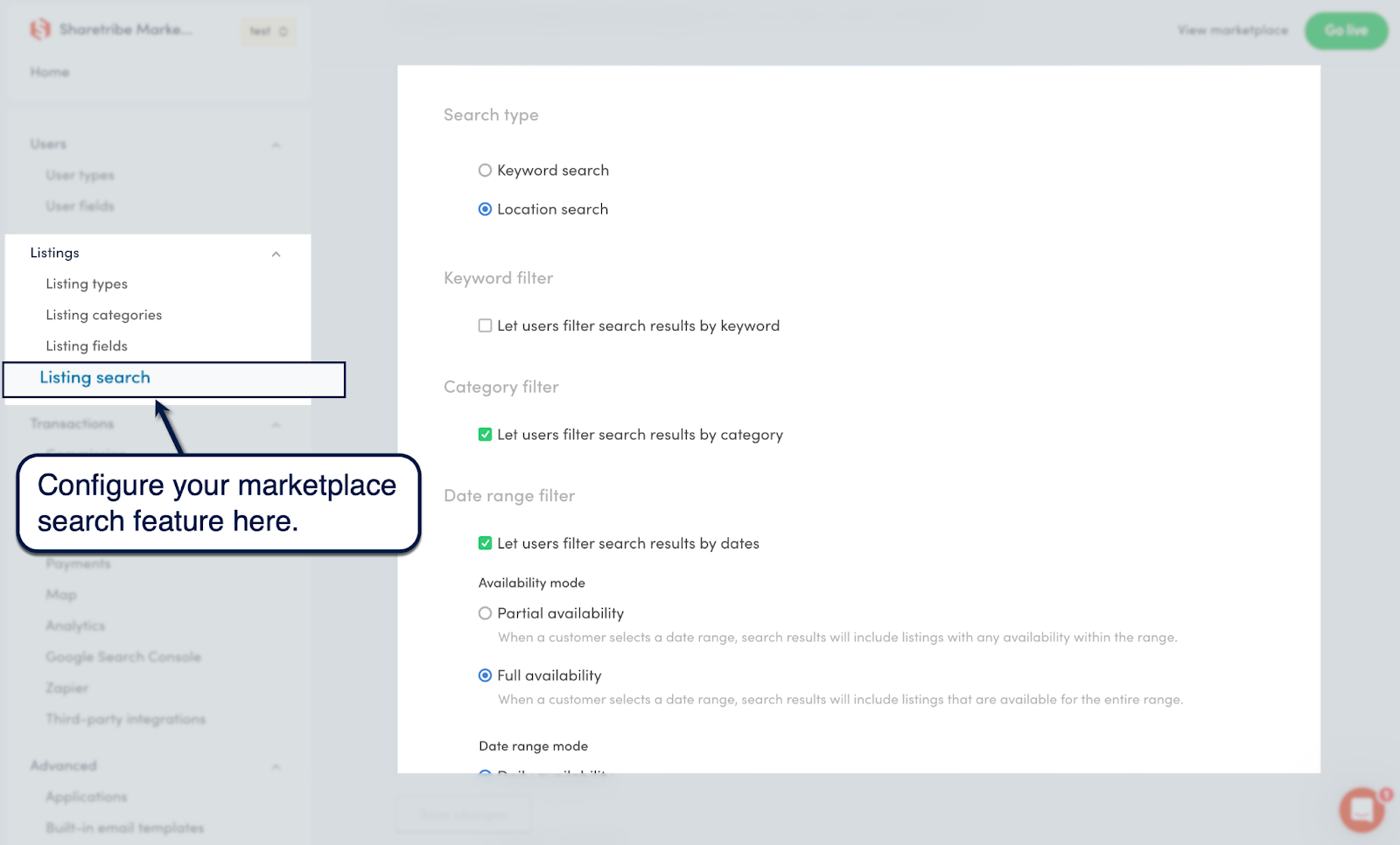 Sharetribe Console listing search settings for location, category, and date filters