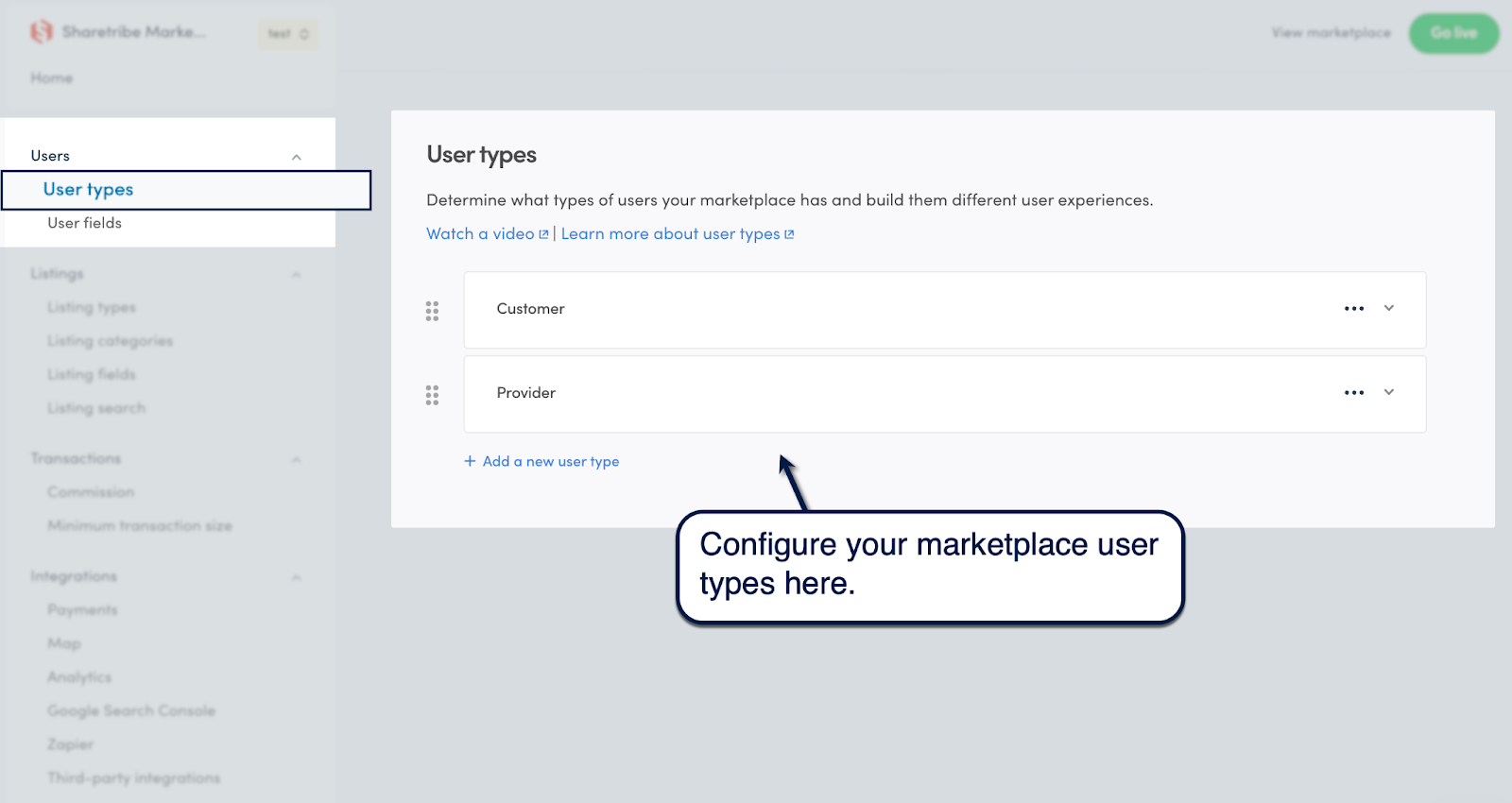 Sharetribe Console user type settings for customers and providers