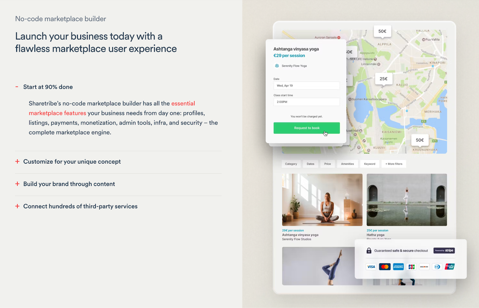 Sharetribe no-code marketplace builder showing yoga class listings and secure checkout