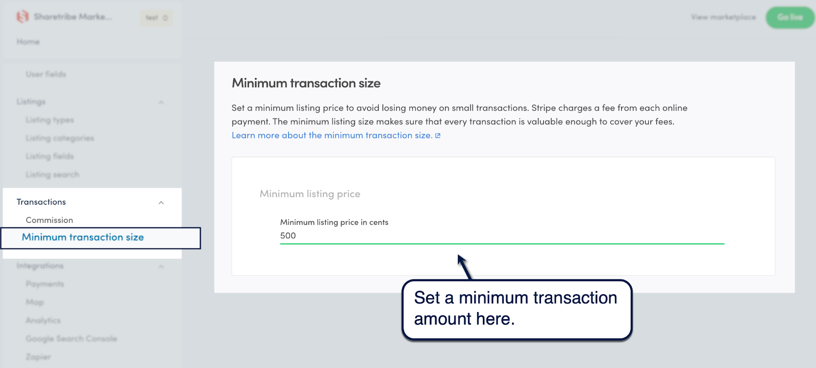 Sharetribe Console minimum transaction size setting