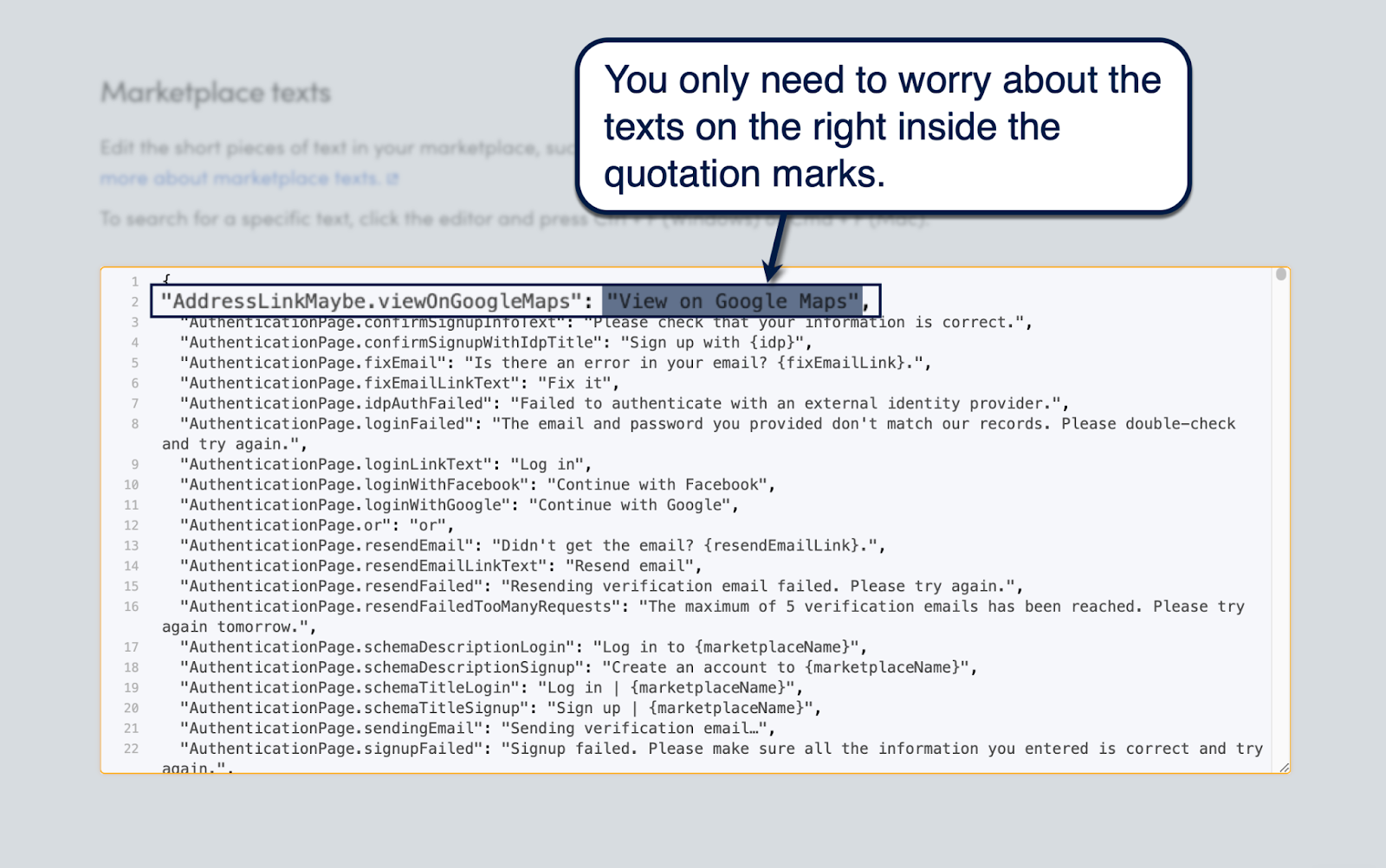 Sharetribe Console marketplace text editor with translatable copy highlighted