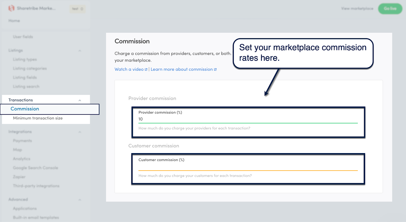 Sharetribe Console commission settings for providers and customers