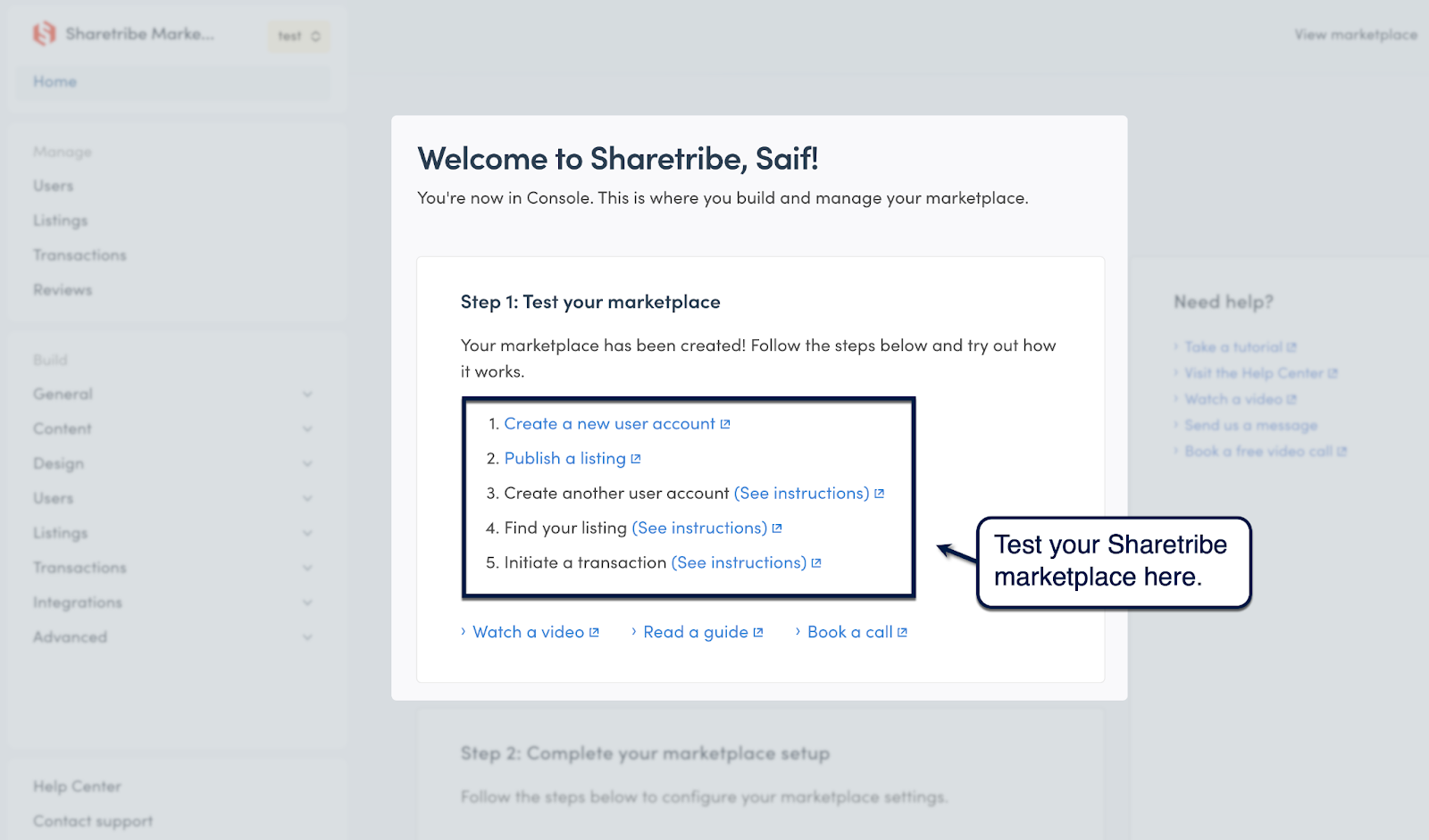Sharetribe Console welcome screen with marketplace testing checklist