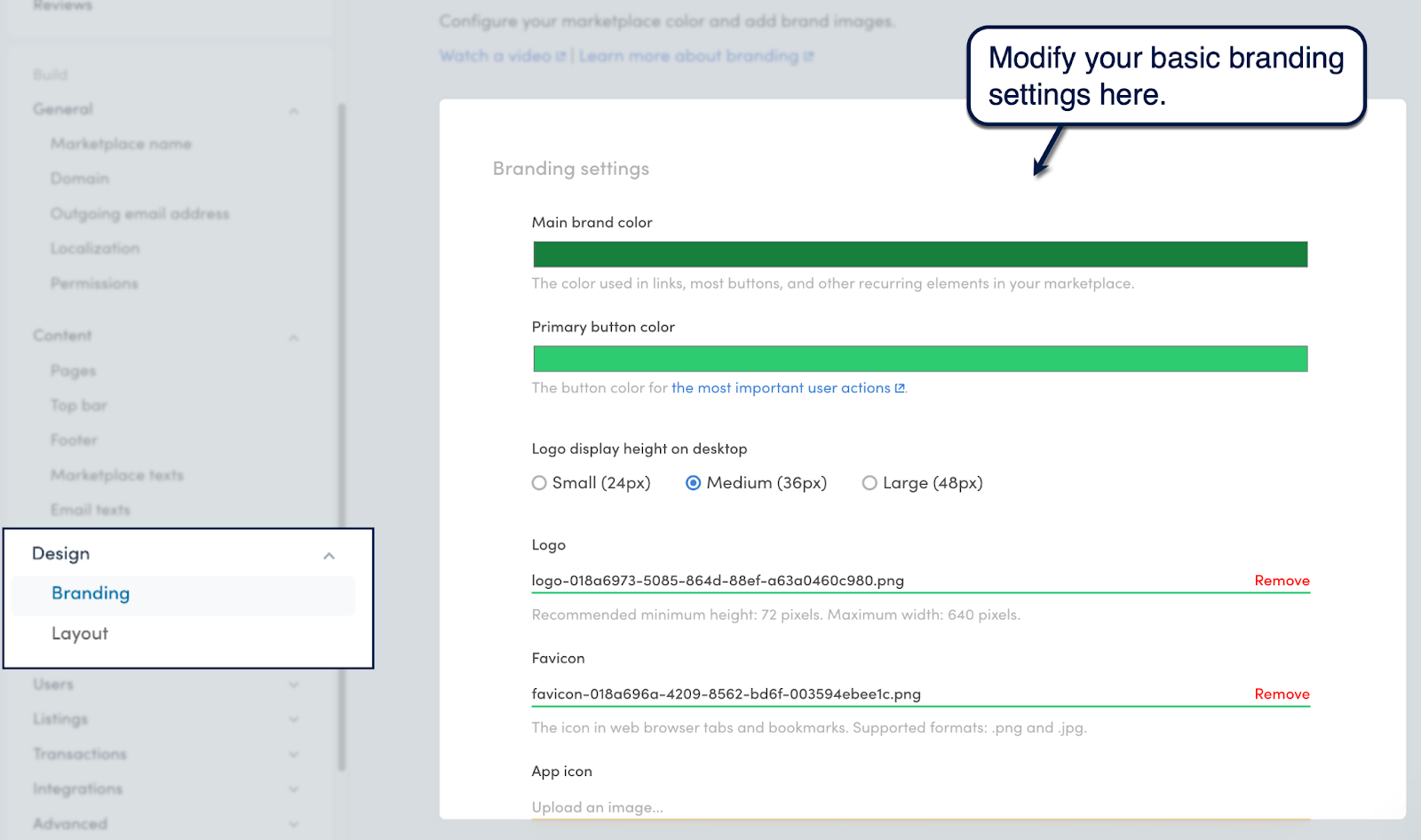 Sharetribe Console branding settings for colors, logo, favicon, and app icon