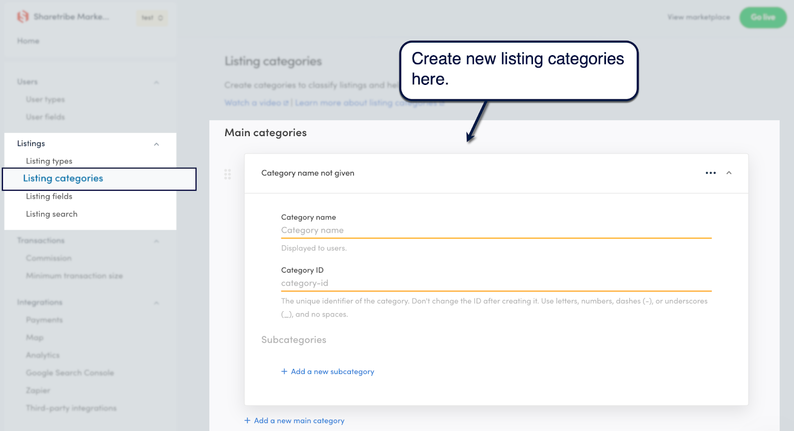 Sharetribe Console form for creating listing categories and subcategories