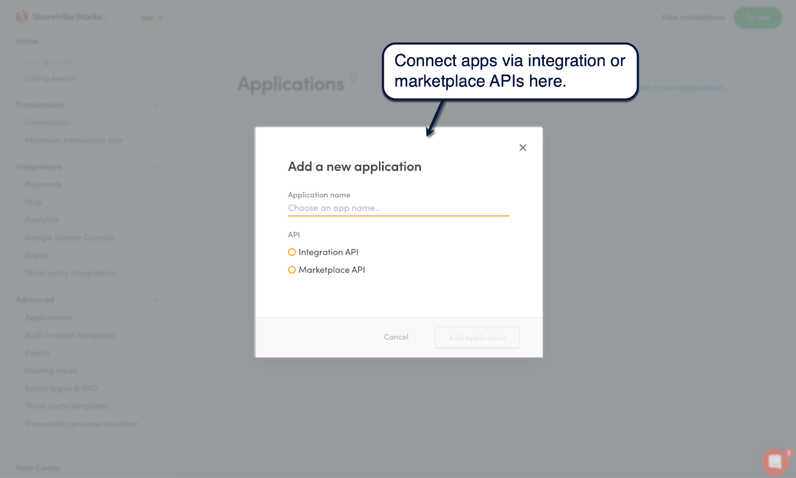 Sharetribe Console dialog for adding an Integration API or Marketplace API application