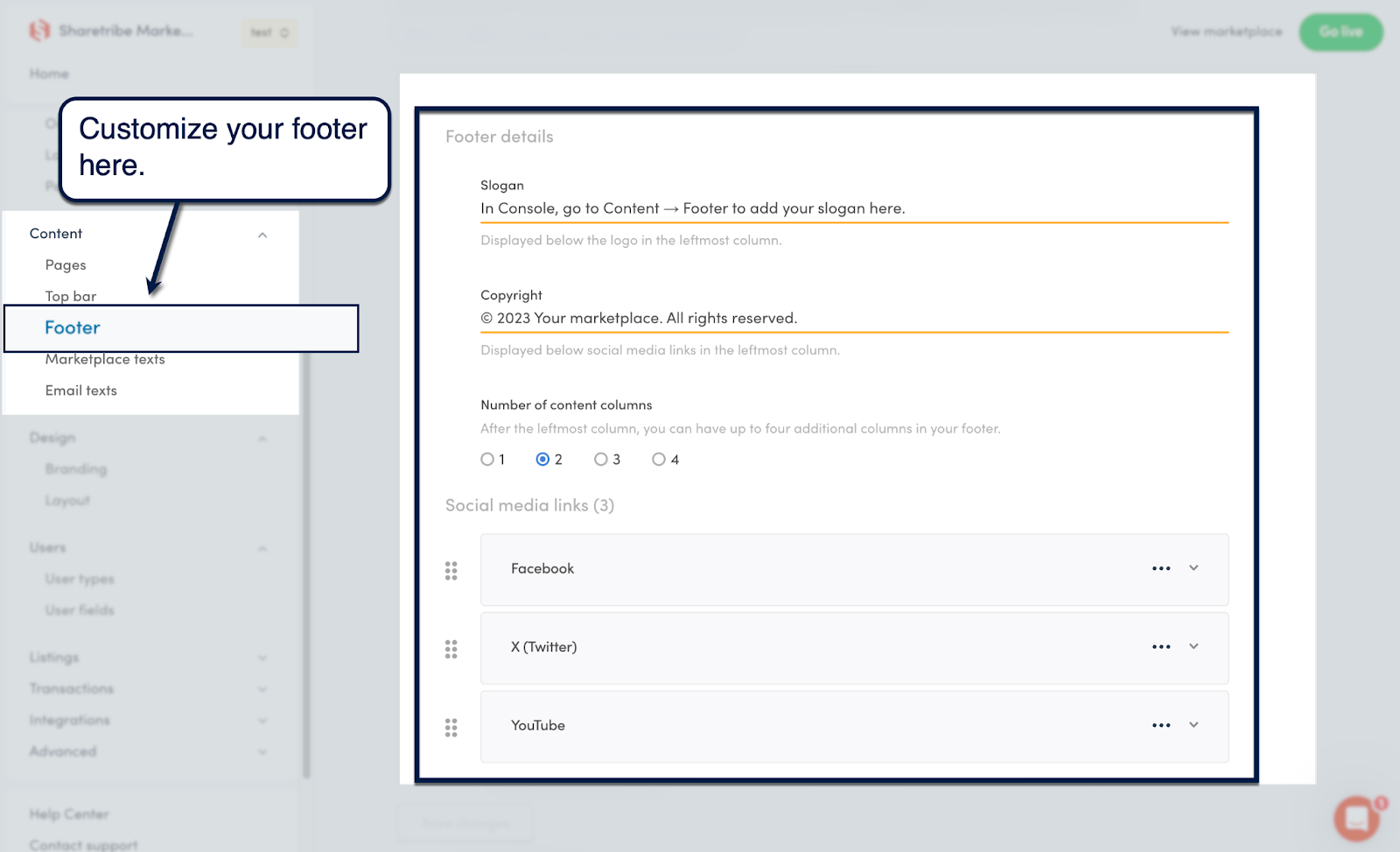 Sharetribe Console footer editor for slogan, copyright, columns, and social links
