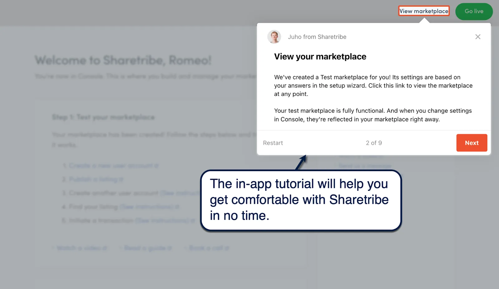 Sharetribe in-app tutorial explaining how to preview a test marketplace