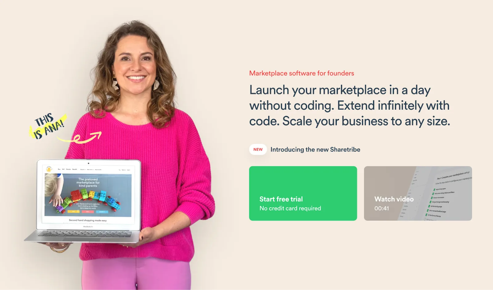Sharetribe homepage promoting a no-code marketplace builder with a free trial