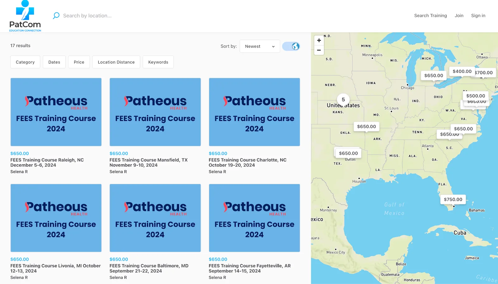 Speech-language pathology training marketplace with course listings and a U.S. map
