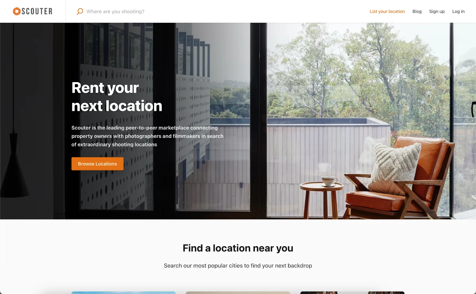Scouter shooting-location marketplace homepage with an interior location