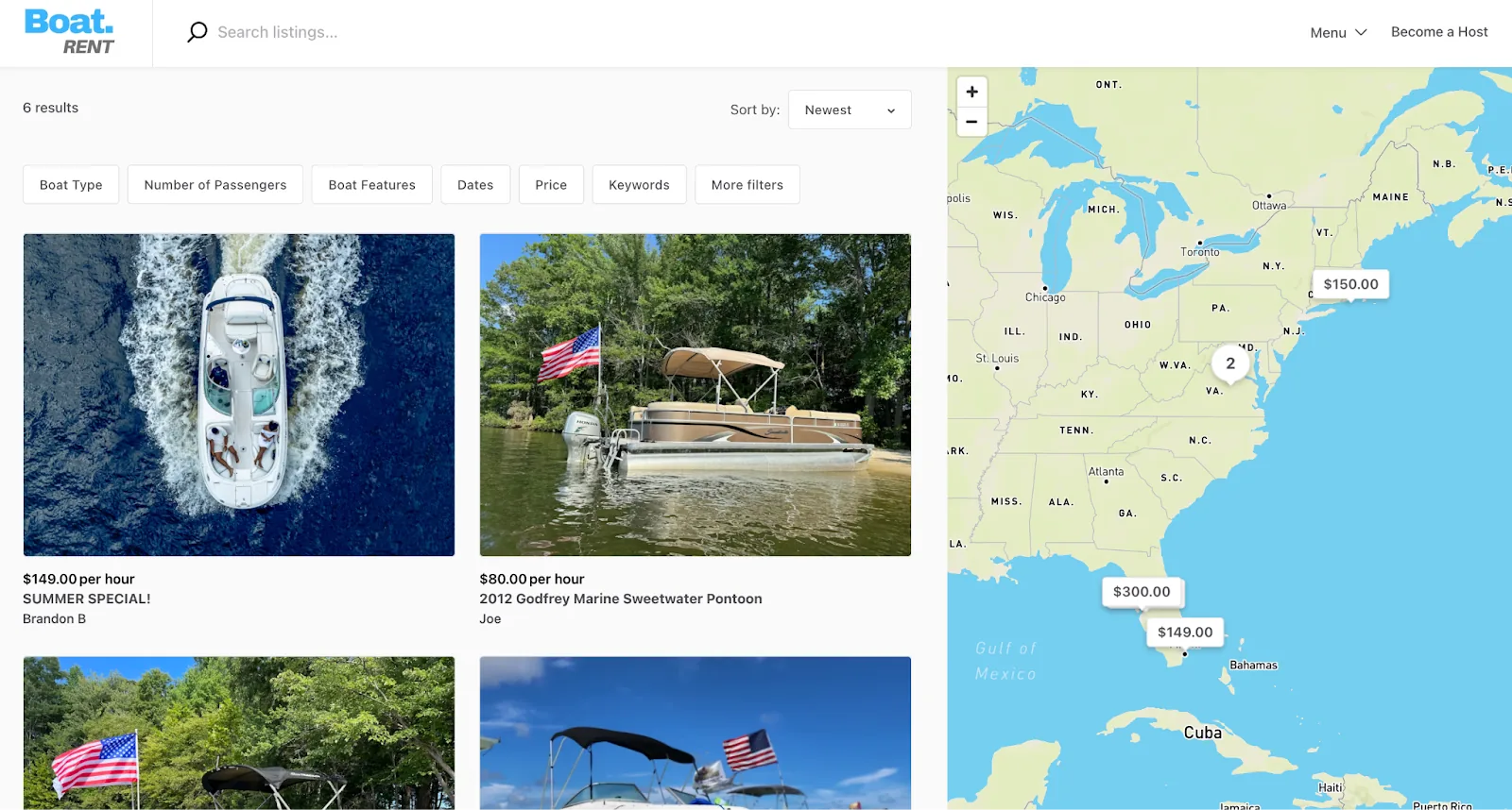 Boat.Rent marketplace search results with boat listings and a map