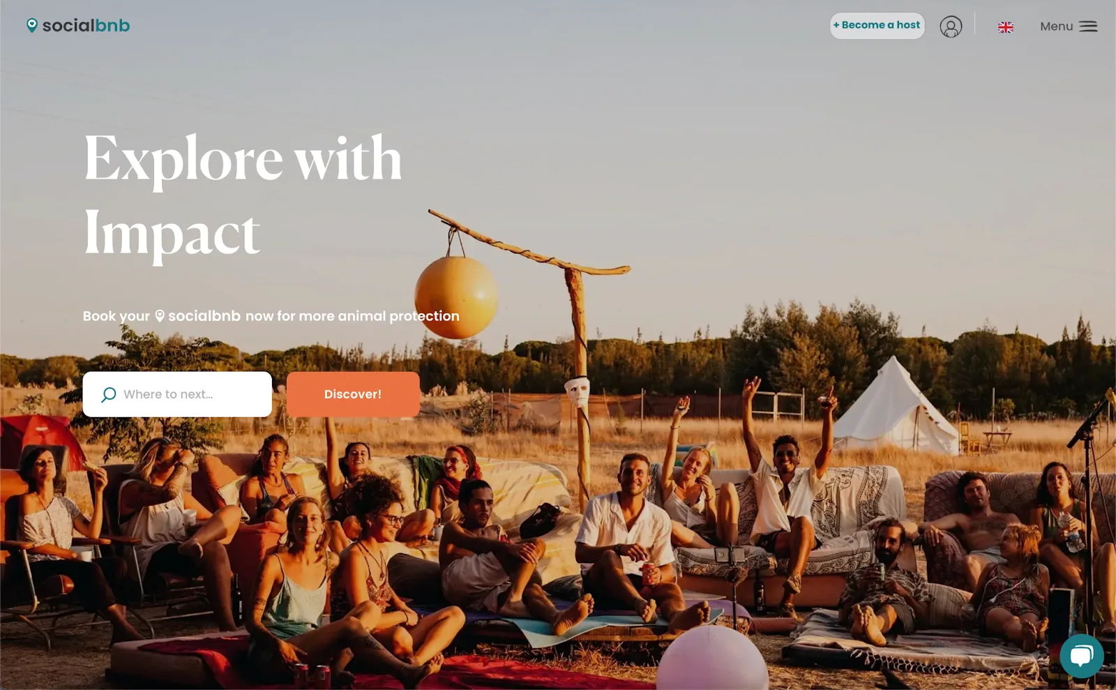 Socialbnb travel marketplace homepage with guests at an outdoor campsite