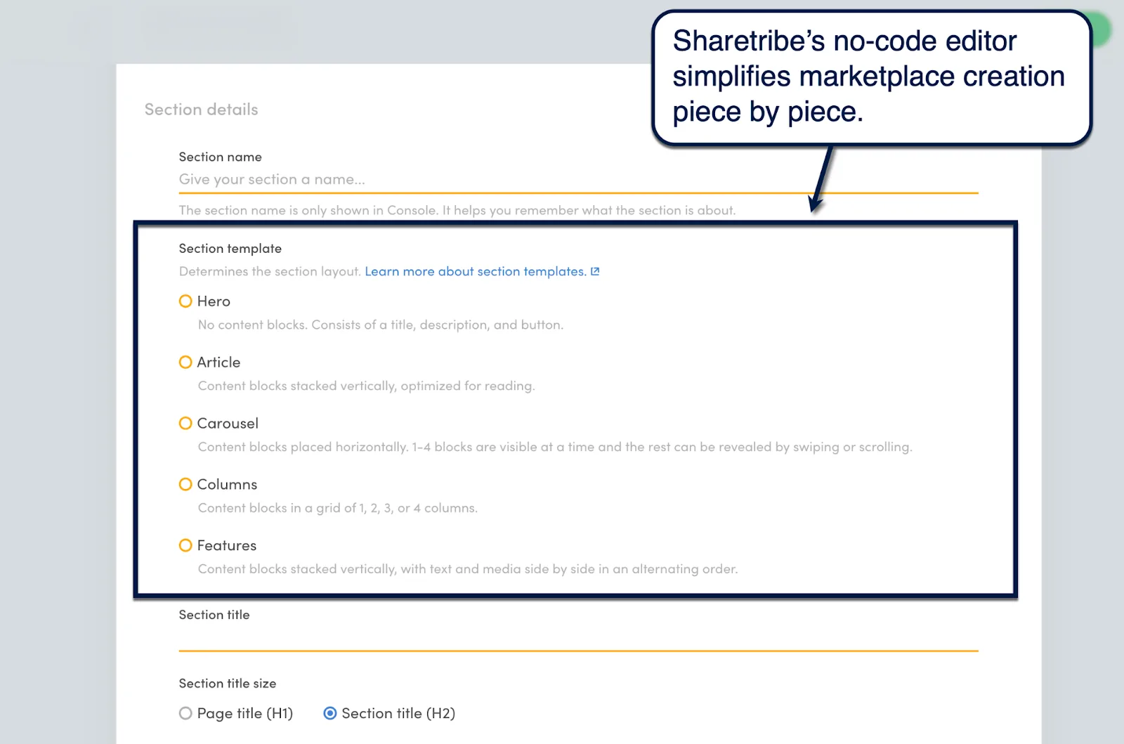 Sharetribe no-code content editor showing hero, article, carousel, columns, and feature sections