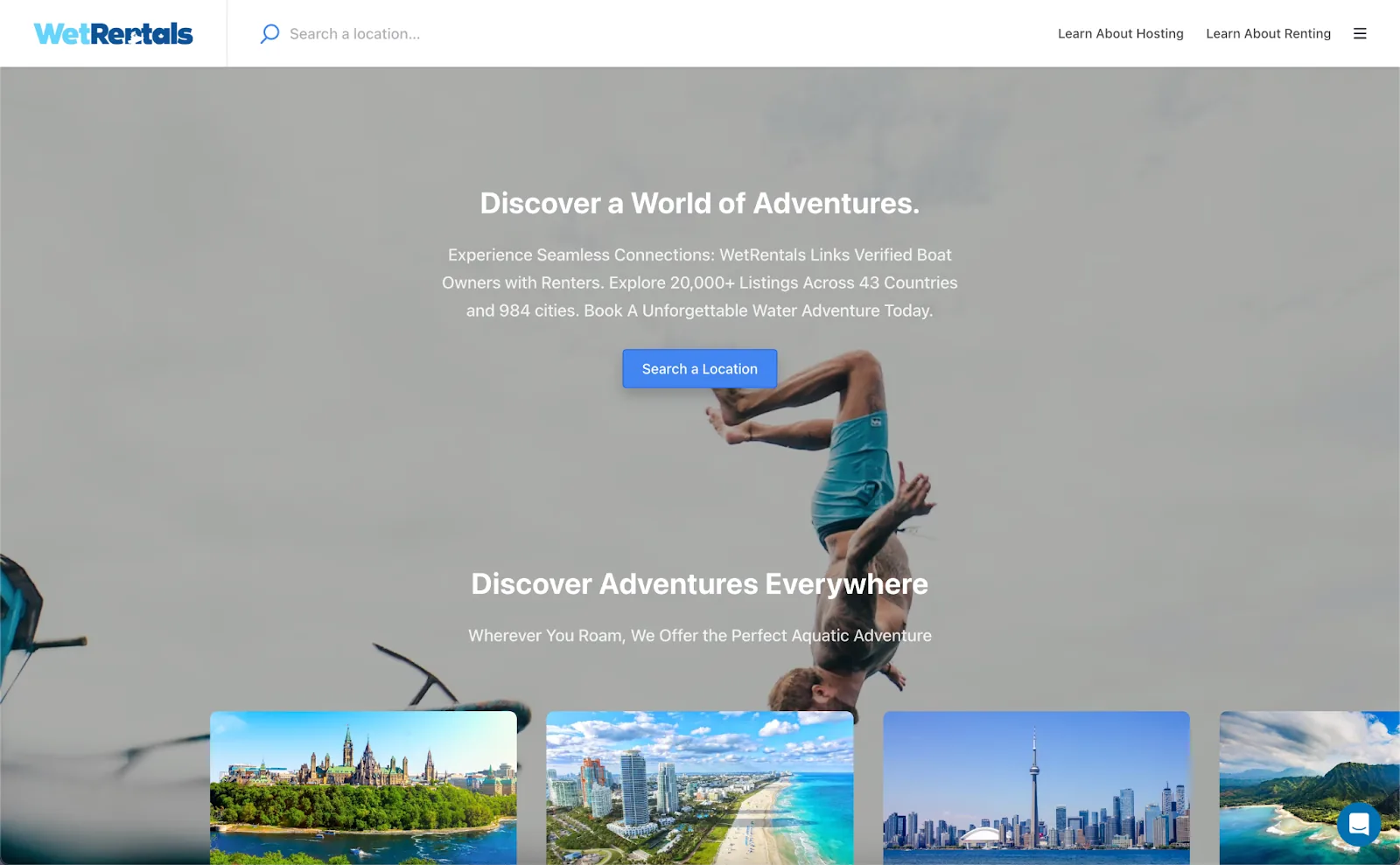 WetRentals boat rental marketplace homepage with destination cards