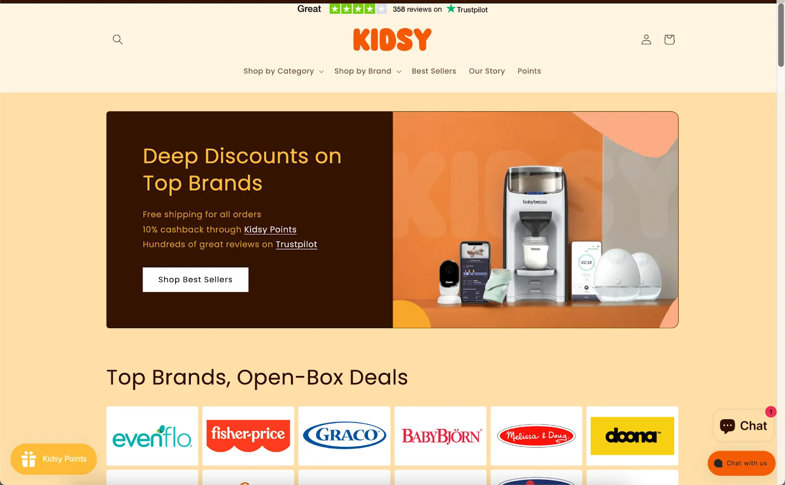 Kidsy open-box marketplace homepage featuring baby product discounts