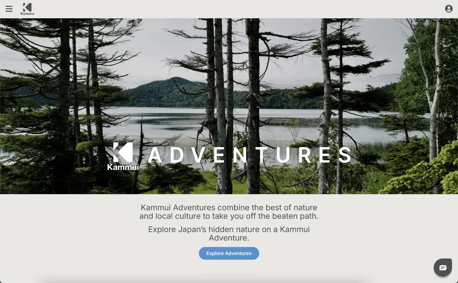 Kammui Adventures marketplace homepage featuring a Japanese lake and forest