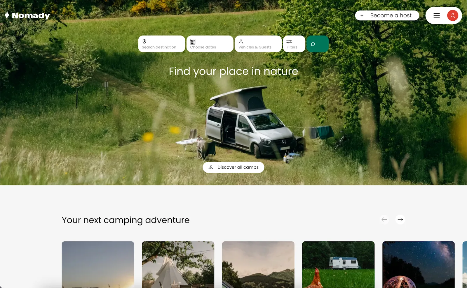 Nomady camping marketplace homepage with camper van in a meadow