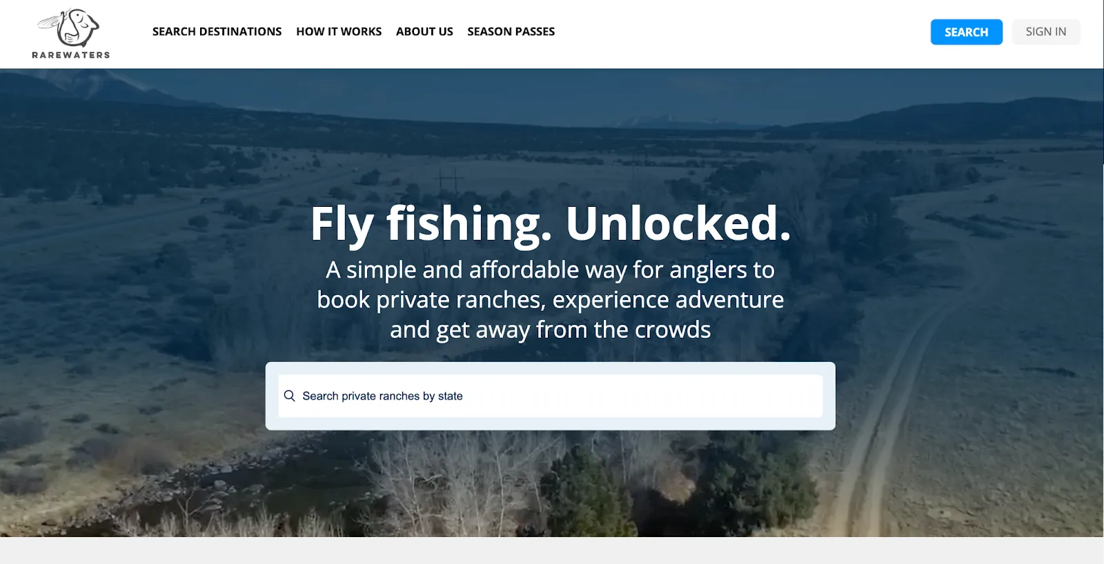 Rarewaters fly-fishing destination marketplace homepage