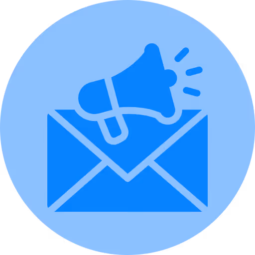 Blue envelope with a megaphone symbolizing email marketing.