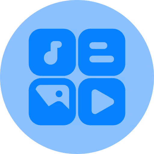 Blue circle containing four icons representing music note, text lines, photo, and play button for digital content categories.