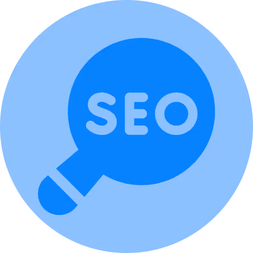 Blue magnifying glass icon with the letters SEO inside representing search engine optimization.