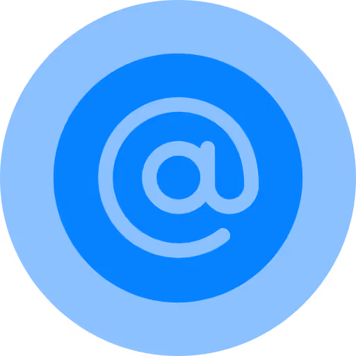 Blue circular icon with a lighter blue at symbol (@) in the center.