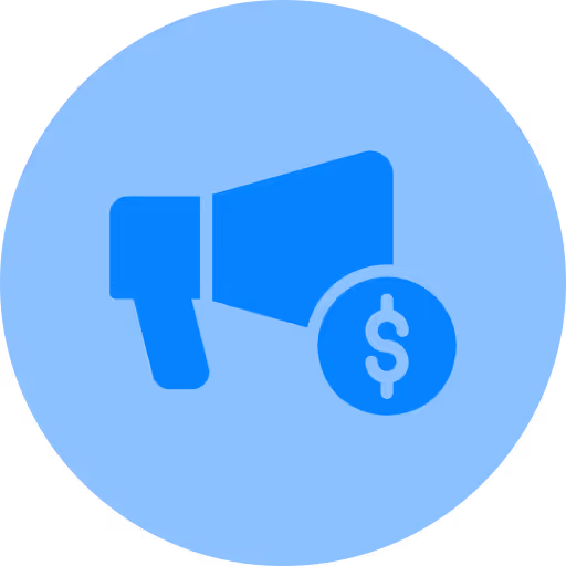 Blue megaphone icon with a dollar sign symbol on a light blue circular background.