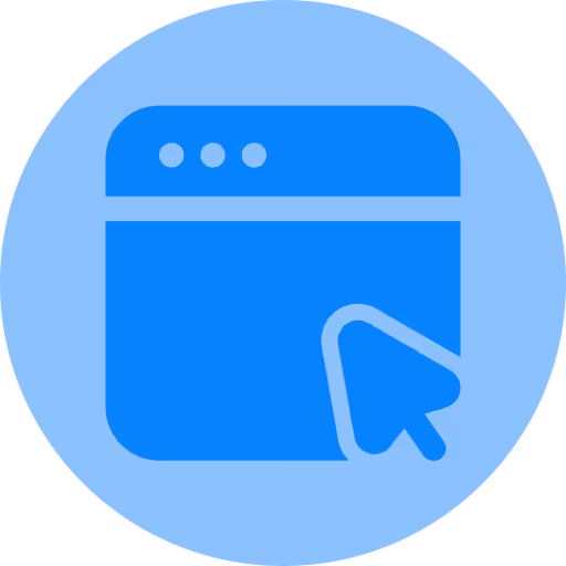 Blue web browser window icon with a cursor arrow on a light blue circular background.