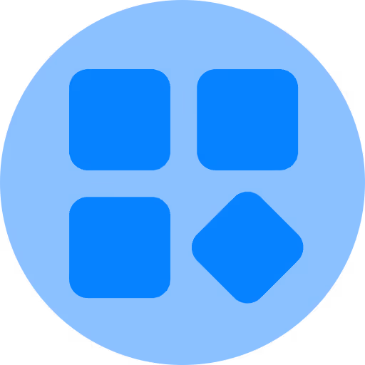 Blue circle containing four blue squares, with the bottom right square rotated to form a diamond shape.