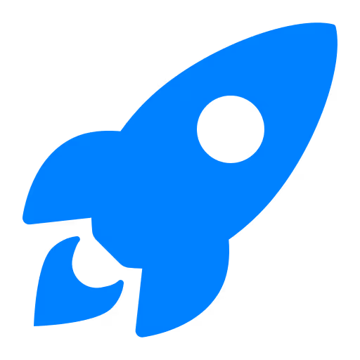 Blue rocket icon angled upward with a circular window near the top.